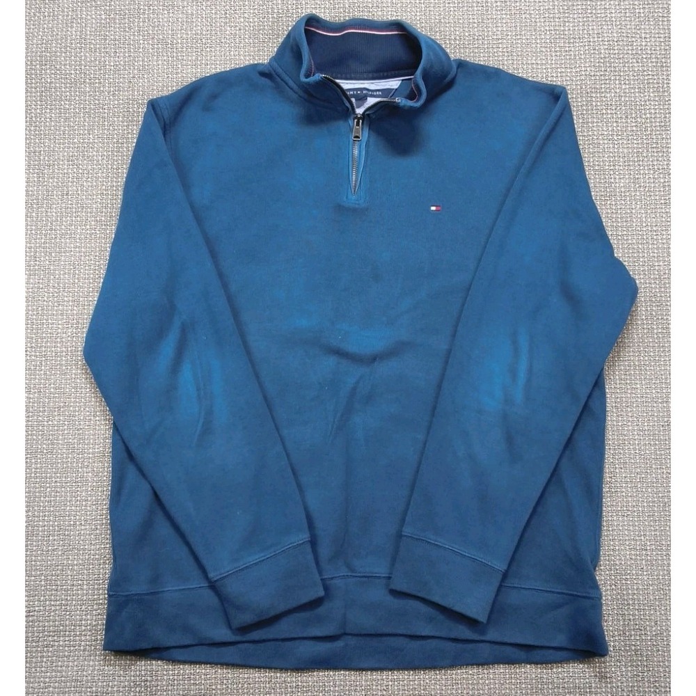Tommy Hilfiger Men's Blue French Rib Cotton Quarter Zip Pullover Sweater
